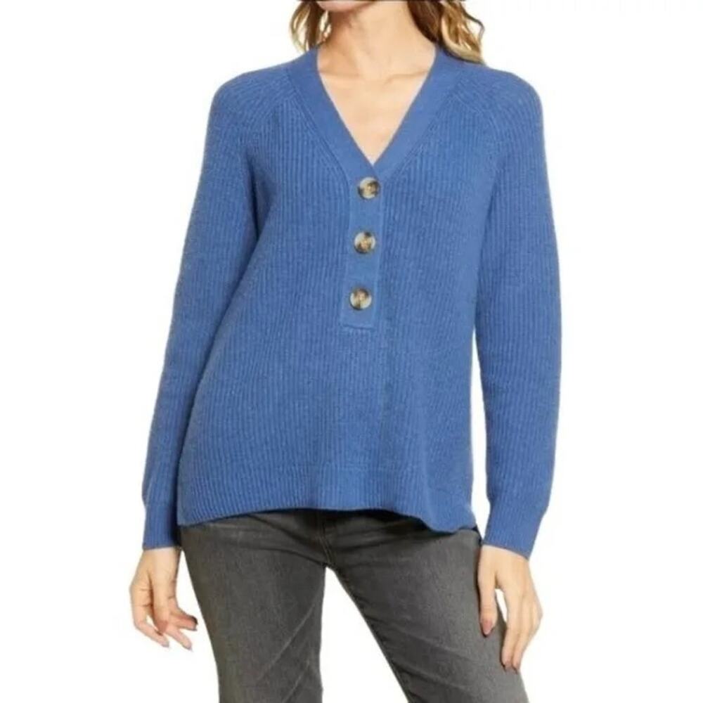 Madewell Lyle Ribbed Henley Blue Sweater
